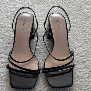 Tahari Kaytie Glossy Black Strappy Heels, Block Heel, Like New, 8